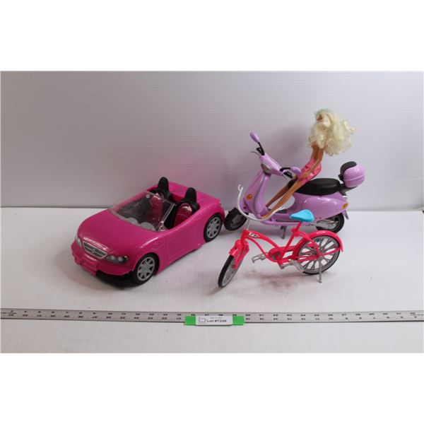 Barbie Car, Bicycle & Scooter w/Doll (As is Condition)