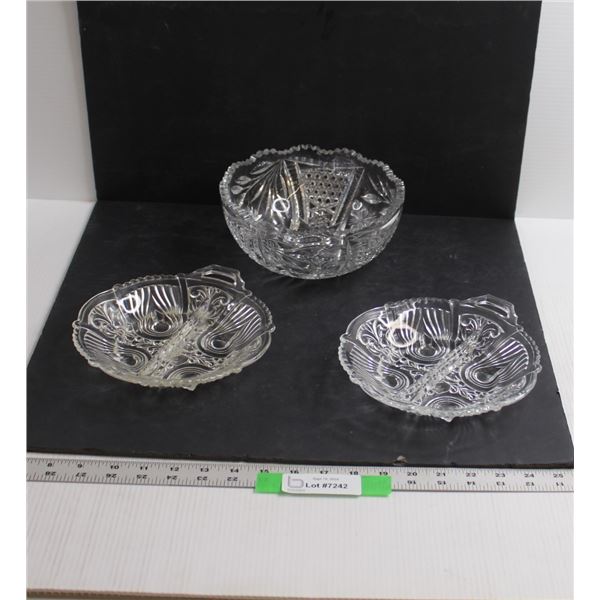Crystal Bowl & (2) Glass Divided Serving Dishes