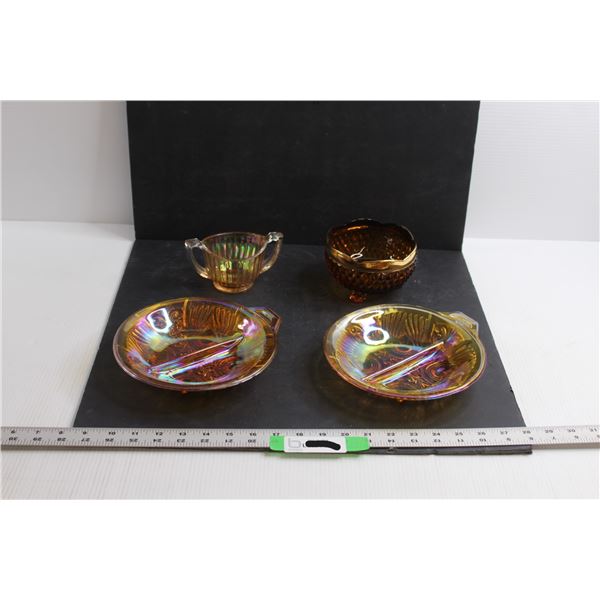 (3 pcs) Iridescent Glass (Divided Dishes & Sugar dish) & Brown Glass Footed Bowl