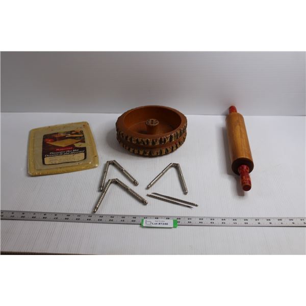 Wooden Nut Tray w/Nut Crackers and Picks, Wooden Rolling Pin & Rubbermaid "Decorator Hot Mat" (New O