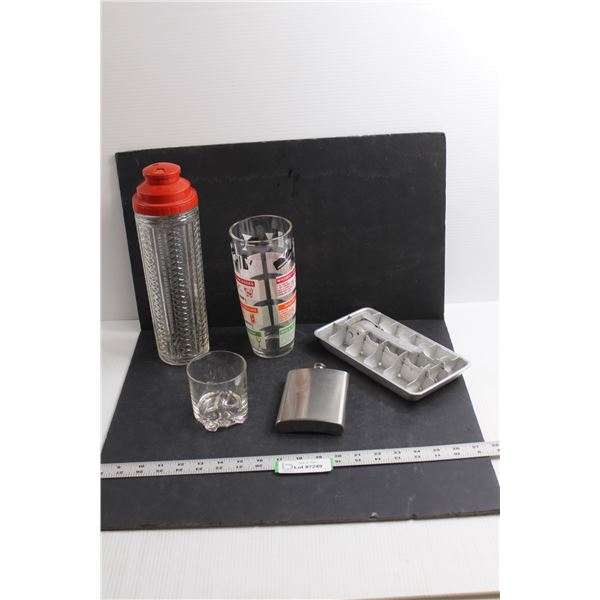 Various Bar Items - Glass Martini Shakers w/Drink Recopies, Aluminum Ice Tray, Flask, Highball Glass