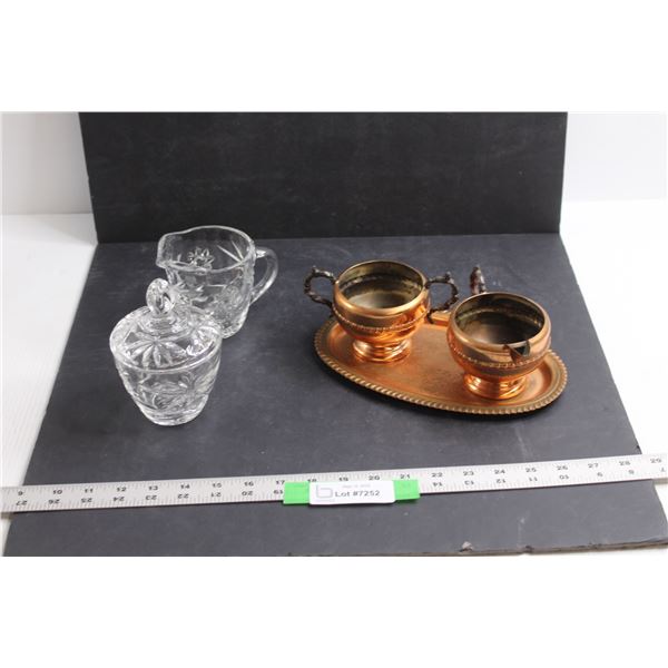 (2 pr) Glass and Viking Plate Copper w/Tray Cream & Sugar Dishes