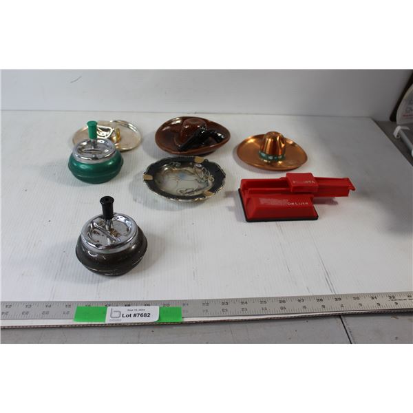 (2) Table Ashtray Pistons, Dragon Decorated Tray, (3) Ashtray Cowboy Hats, Pressta Deluxe Cigarette 