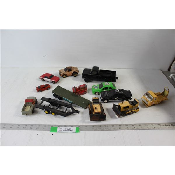 (2) Tonka Bulldozers, Die Cast Tractor, (2) Trailers, Hot Wheels Dodge Charger, Tonka Car, (6) Vario