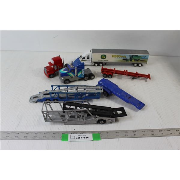 (2) Toy Semi Trucks, John Deere Semi Truck With Trailer, (4) Assorted Trailers