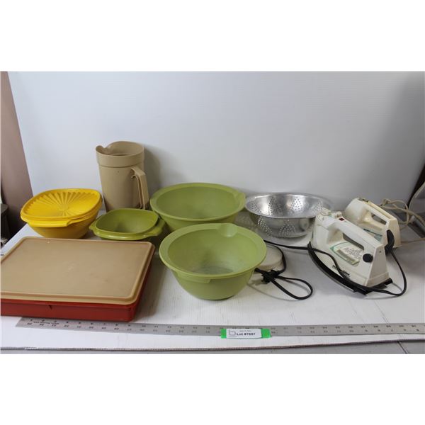 Iron, 3 Speed Mixer - Both tested Works, Strainer, (3) Tupperware, and Misc.