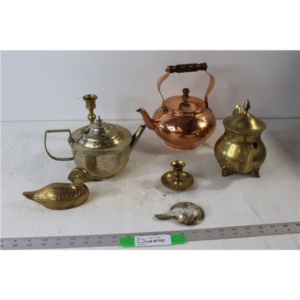Brass Duck, (3) Teapots/Kettles, (2) Brass Candle Holders