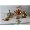 Image 1 : Brass Duck, (3) Teapots/Kettles, (2) Brass Candle Holders