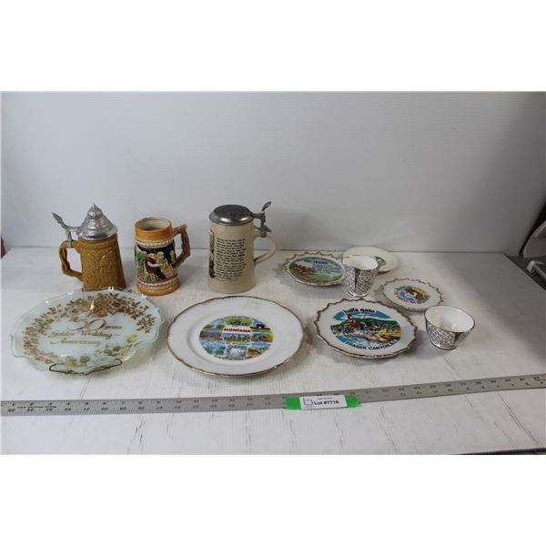 (3) Steins, (3) Decorative Plates, (3) Decorative Saucers, Cream and Sugar Set