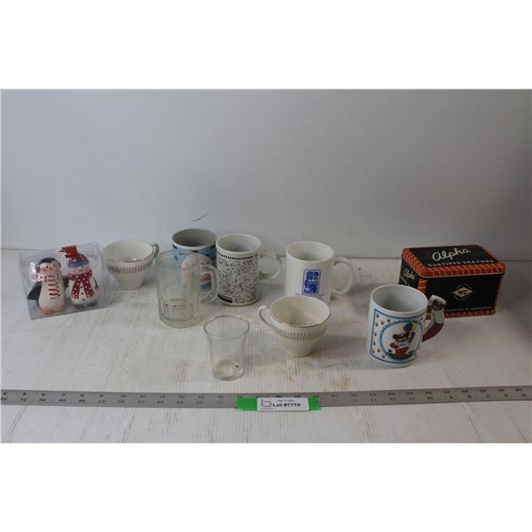 (8) Various Mugs and Cups, Alpha Dustless Crayons Box, Penguin and Snowman Salt And Pepper Shaker Se