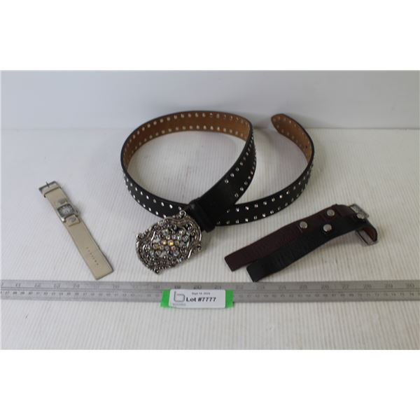 Jeweled Studded Belt & Buckle (size 40) - Roxy Watch (not running) - (2) Leather Watch Straps