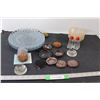 (14) Chair Sliders, (4) Glass Plates, (5) Decorative Small Bowls, Salt and Pepper Shakers