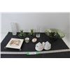 (2) Green Glass Candle Holders, (2) Glass vases, Green Glass Big Bowl/Punch Bowl, Sugar Dish and Spo