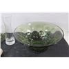 Image 6 : (2) Green Glass Candle Holders, (2) Glass vases, Green Glass Big Bowl/Punch Bowl, Sugar Dish and Spo