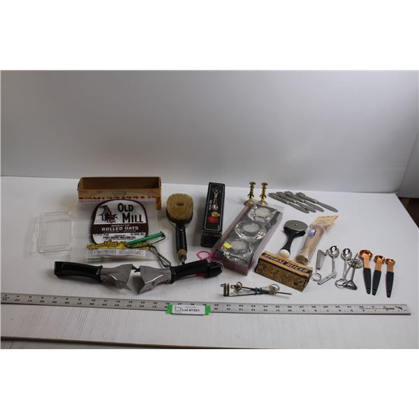Misc. Kitchen Items - Corningware Handles, Tongs, Candles w/Holders, Pizza Cutter, Measuring Spoons 