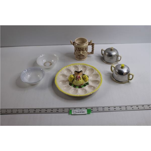 Vintage Kitchen Items - Sugar Dishes w/Covers, (2) Fire King Bowls, Norseman Mug, Egg Platter w/S&P 