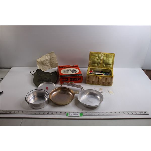 (5 pc) Vintage Camp Cook Set w/Original Box, Carry Bag (Missing Fastener for Handle) & Sewing Box w/