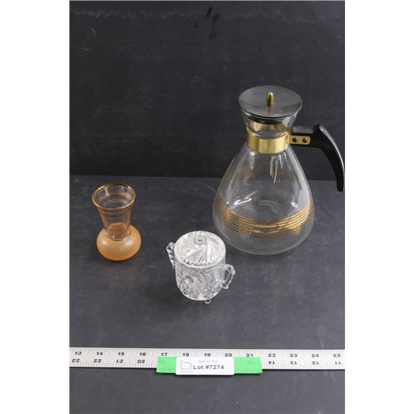Vintage Glass Carafe, Bud Vase & Crystal Sugar Dish w/Lid