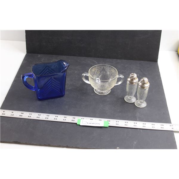 Hazel Atlas Depression Glass Cobalt Blue Creamer Pitcher, Glass Sugar Dish & Salt and Pepper Shakers