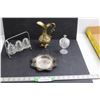 Image 1 : Brass Pitcher, Crystal Pedestal Dish w/Lid, Cruet Set, Silver Plated Base w/Glass Dish