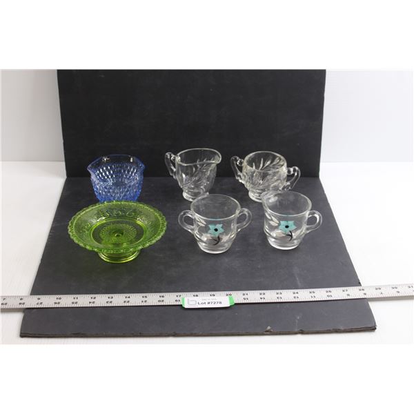 (2 pr) Cream and Sugar Dishes & (2 pcs) Depression Glass