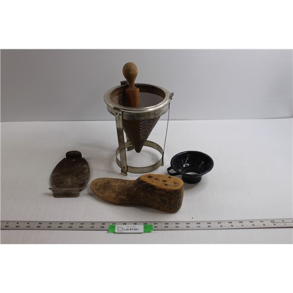 Cobblers Wooden Shoe Form, Sad Iron Trivet, Berry Masher & Canning Funnel