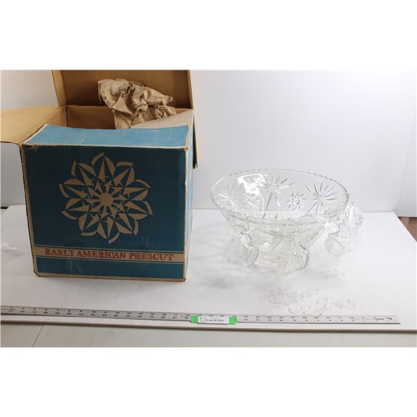 Anchor Hocking Early American Prescut Punch Bowl Set w/Original Box (Missing One Plastic Hanger & Re