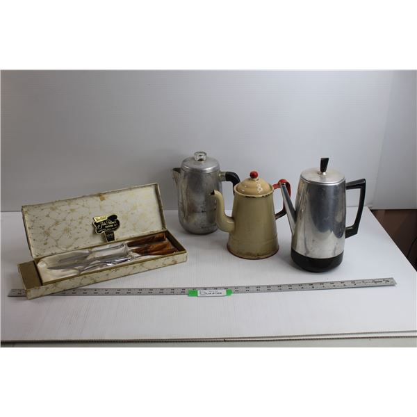 (2) Coffee Percolators, Enameled Pot & Sheffield Stype John Palmer Carving Set