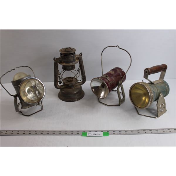 Vintage Beacon Lantern & (3) Electric (Battery) Operated Railroad Lanterns (As is Condition)