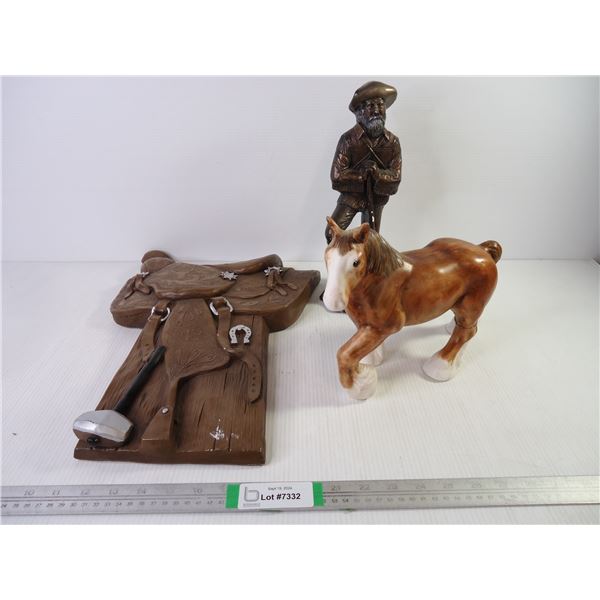 (3) Ceramic Pieces-Horse, Prospector and Saddle