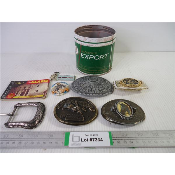 (5) Belt Buckles,(1) Tobacco Tin and Misc. Souvenirs