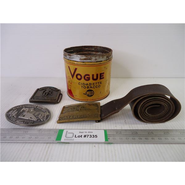 (3) Belt Buckles,(1) Belt and Vogue Tin