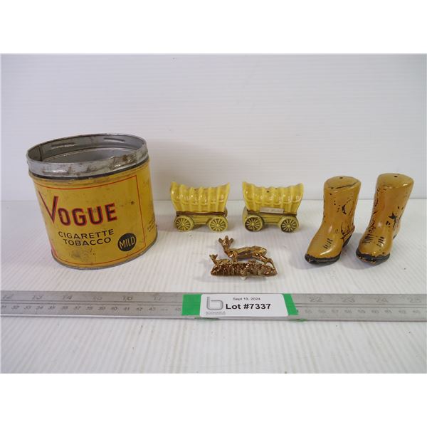 (2) Sets of Salt/Peppers, Ornament and Vogue Tin