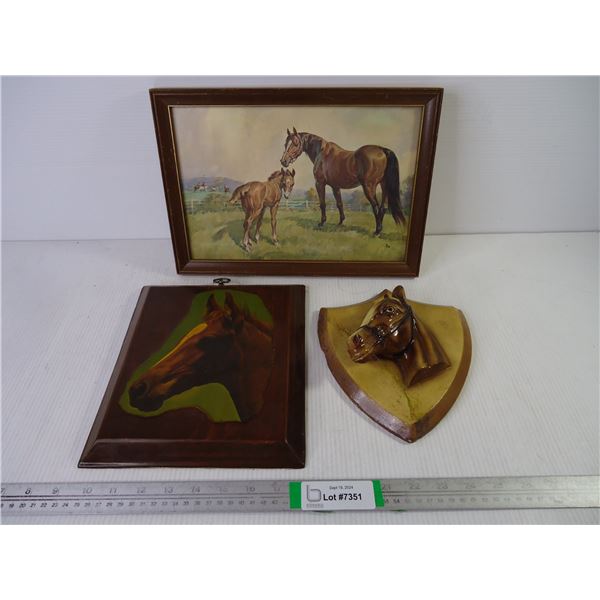 (2) Horse Wall Hangings and (1) Horse Picture-13"x9"