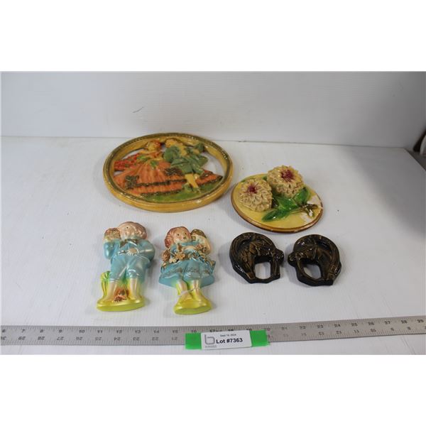 (6) Hanging Chalkware Decorations - Horses, People, Flowers