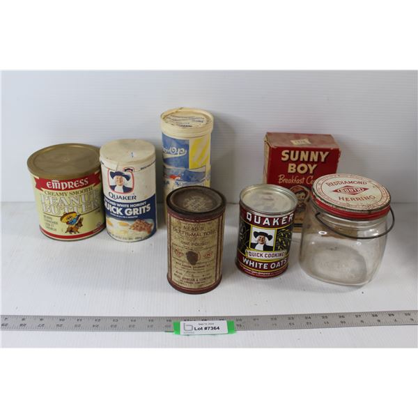 (7) Food/Cooking Containers - Red Diamond Herring, Quaker Oats, Sunny Boy Breakfast Cereal