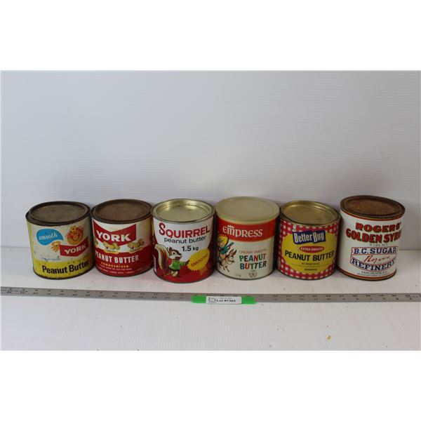 (5) Peanut Butter Tins - Better Buy, Empress, Squirrel, Rogers Golden Syrup Tin