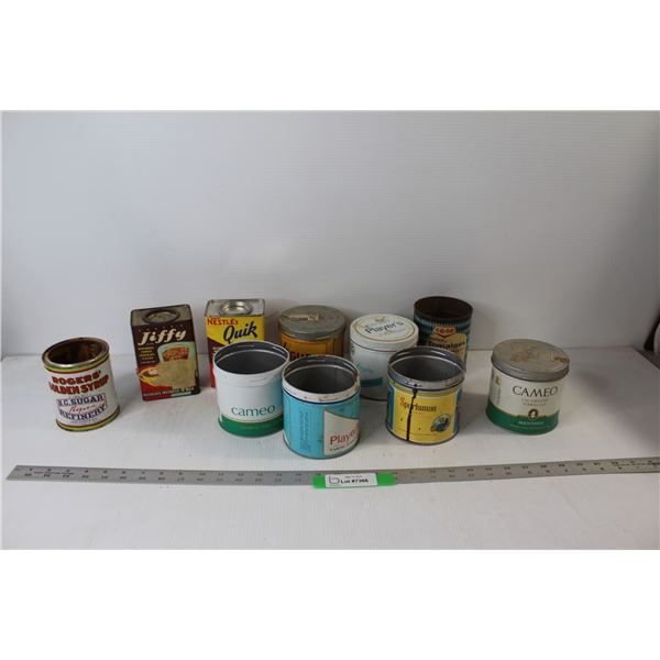(6) Cigarette Tobacco Tins, Rogers Golden Syrup Tin, Bakers Jiffy, Nestle's Quick, Coop Tomatoes