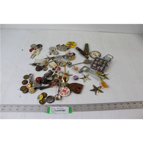 Pinback Buttons, Souvenir Spoons, Assorted Tokens