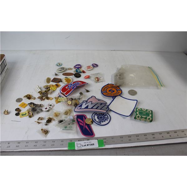 Assorted Pinback Buttons, Collectable Coins, Patches