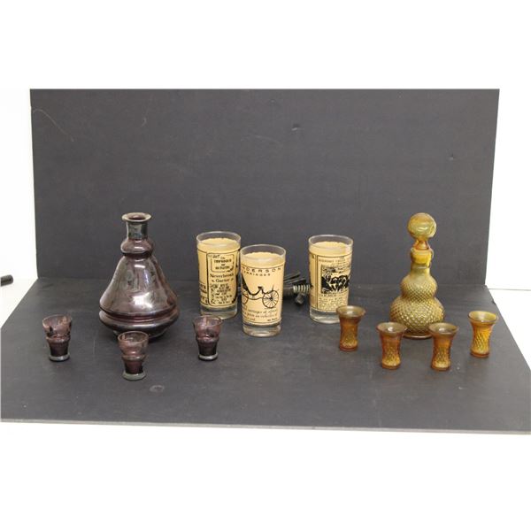 (7) Shot Glasses, (2) Liquor Glass Bottle, (3) Henderson Carriages Glasses