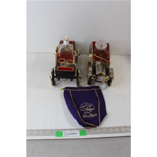 (2) Novelty Decanters w/ Car Caddies (Not Complete), Crown Royal Bag