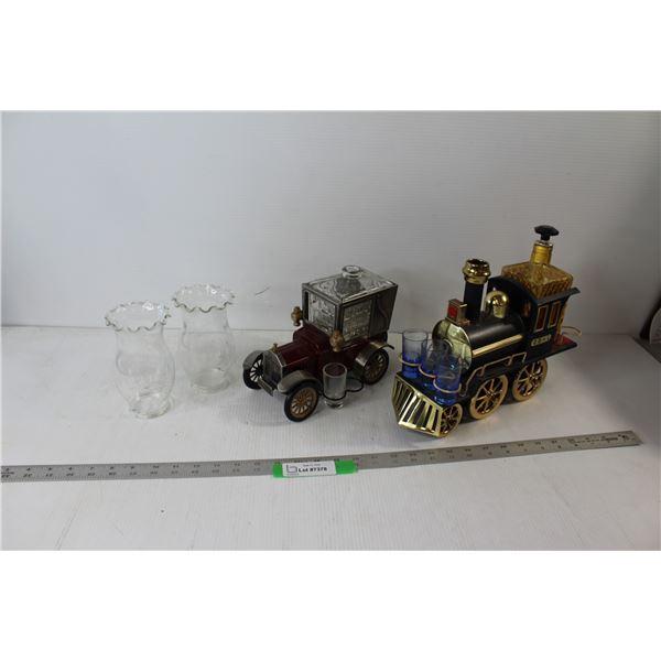 (2) Novelty Decanters w/ Car/ Train Caddies (Not Complete), (2) Kerosene Lamp Chimneys