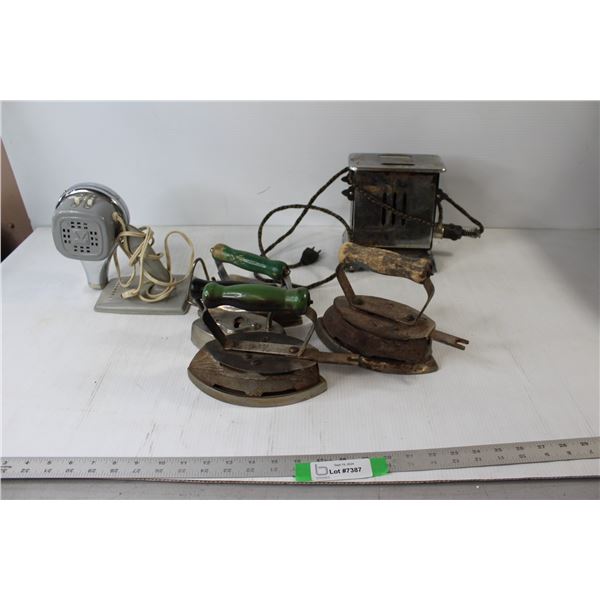 (4) Irons/Sad Irons, Blow-dryer - Tested works, Toaster - tested Works