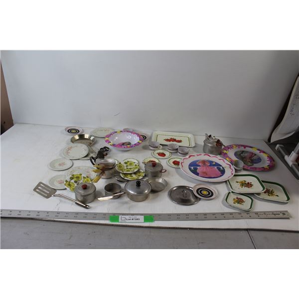 Assorted Toy Kitchen Ware - Cups, Plates, Pots, etc. (2) Barbie Plates, Barbie Bowl