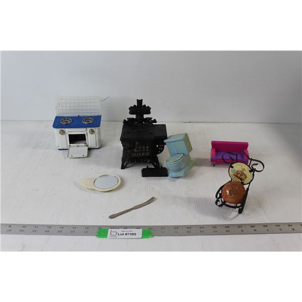 (5) Pieces of Doll Furniture - Mini Rocking chair, couch, Ghostbusters Toilet, (2) Mini Overs, Butte