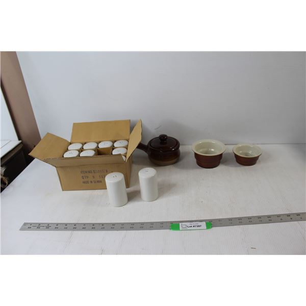 (12) Salt and Pepper Shakers, French Onion Soup Bowl