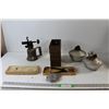 Image 1 : (2) Kerosene Lamps, Vintage Welding Torch, Hamburger Presser, Kurl Lock Ear tag Pliers, (3) Wooden C