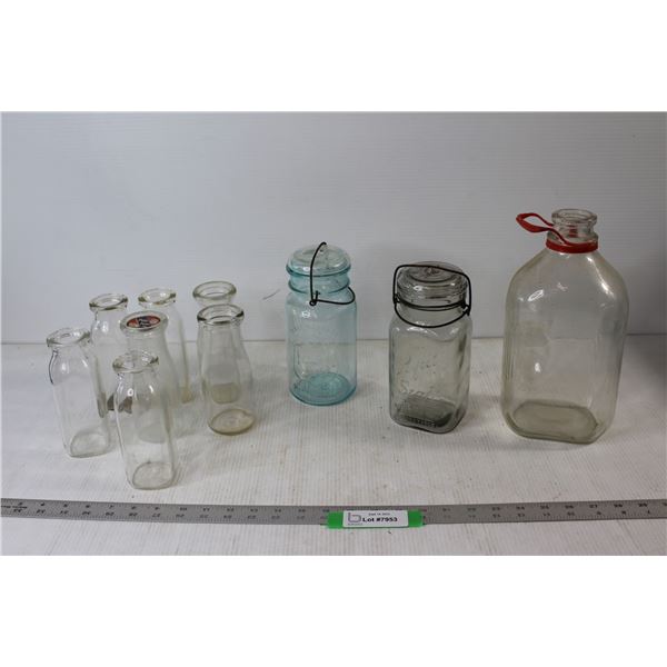 (2) Glass Sealer Jars, (7) Glass Milk Bottles, and Milk Jug