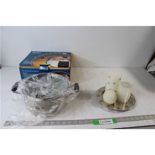 (3) Snowflake Decorated Candles with Candle Plate, Kinox Contempo Casserole Dish